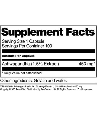 Ashwagandha (Indian Ginseng) Extract (1.5% Withanolides) - 450 mg (100 Capsules ZIN: 514060) - Buy Online on GoSupps.com