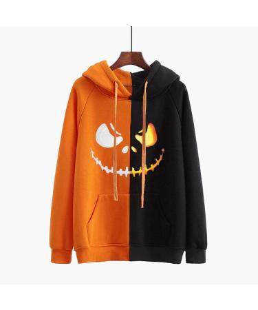 Bigfanshu Women's Two-Color Stitching Weird Face Print Hoody Long Sleeve Halloween Pullovers Sweatshirts Casual Tops Orange - Buy Online on GoSupps.com