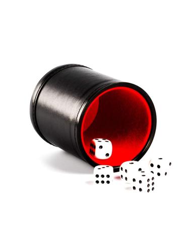 A Set of Black PU Leather Dice Cup with 5pcs 16mm Dice for Bar Party Clubs Game Black Leathe Exterior with Red Velvet Interior