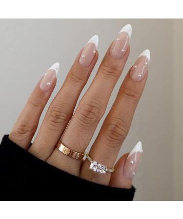 Sethexy abstract almond shape false nails French press on nails swirl fingernails 24st acrylic nails to stick on for women and girls white pearl - Buy Online on GoSupps.com