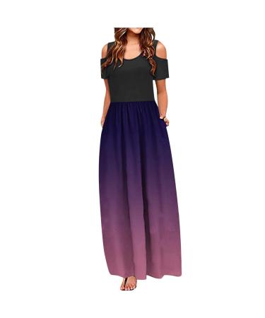 Women's Short Sleeve Floral Maxi Dresses Cold Shoulder Dress Casual Summer Hawaiian Tropical Dresses with Pockets XX-Large 02-purple