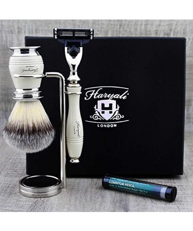 3 -part shaving set for men: synthetic shaving brush & Mach 3 razors shaving stands for both - ideal as a gift for him breathtaking classic ivory color