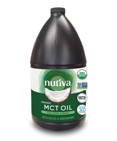 Nutiva Organic MCT Oil, Unflavored, 1 Gallon, USDA Organic, Non-GMO, Non-BPA, Whole30 Approved, Vegan, Gluten-Free, Keto, 14g MCT per Serving, Neutral Flavor, Energy Boost to Coffee, Shakes and Salads 128 Fl Oz (Pack of 1)