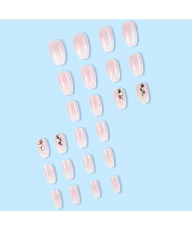 Glossy Pink White Medium Coffin Press On Nails - 24Pcs | Summer Nail Art with Rhinestone & Glitter | Full Cover Acrylic Stick On Nails for Women - Buy Online on GoSupps.com