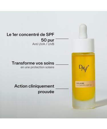 DAY+ | UV DROPS SPF 50 | High Protection Concentrated Sun Face Serum | Protects against UVA/UVB Fights wrinkles & skin aging | Karanja Buriti Grape seeds | 30 ml bottle - Buy Online on GoSupps.com