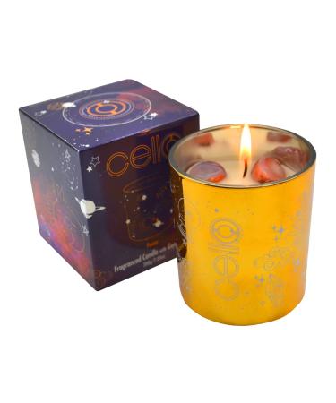 Cello Celestial Scented Candle with Red Agate Gemstones. A Stunning Metallic Gold Candle with red Crystals. The Ideal Scented Candles Suitable Candles for Men and Candle Gifts for Women. Red Agate Small