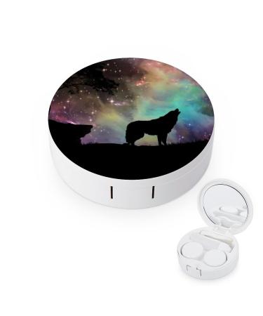 Bagea-Ka Space Starry Galaxy Wolf Animal Pattern Contact Lens Case Box Eye Care Kit Holder Mirror Box with Tweezers Remover Tool Solution Bottle for Outdoor Travel & Home