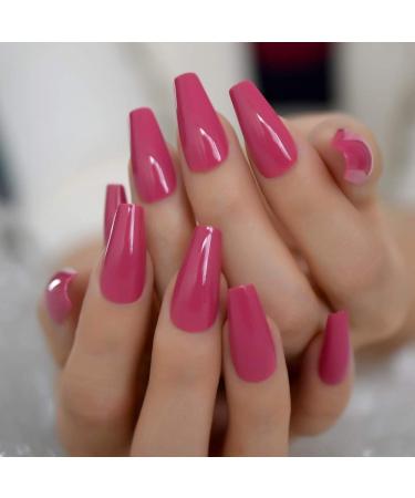 Coolnail Glossy 24pcs Dark Rose Pink Coffin False Nail Tips Acrylic Salon Full Cover Artificial Press On UV Fake Nails With Glue Sticker L5578