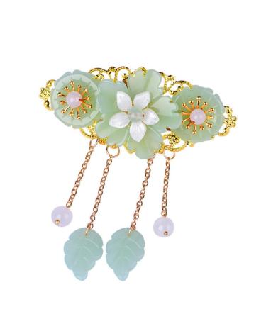 Minkissy Chinese Style Hair Clips Ponytail Holder Long Tassel Hair Barrettes Jade Hair Clips Glaze Flower Pearl for Women Hanfu Cosplay Hair Accessories (Light Green)