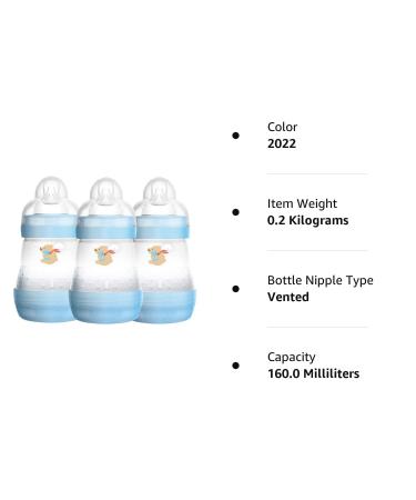 MAM Easy Start Self-Sterilizing Anti-Colic Baby Bottle 3 Pack (160ml) - Slow Flow Teats for Newborns - Blue/Green Designs - International Shipping - Buy Online on GoSupps.com