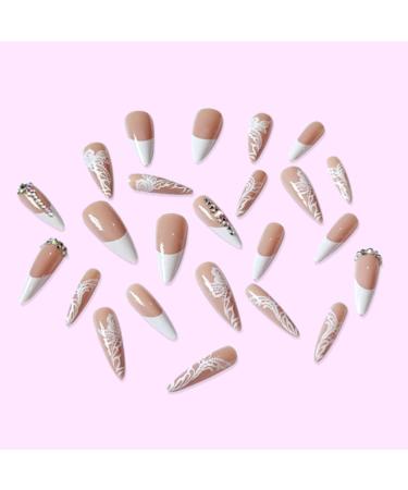 Kamize Stiletto Press on Fake Nails with Rhinestones and Flower Design - Full Cover Acrylic Bling False Nails for Women and Girls - Buy Online on GoSupps.com