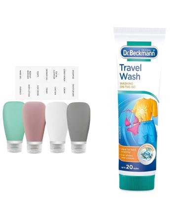 Jsdoin Travel Bottles for Toiletries 90ml 4 Pack Silicone Travel Toiletries Portable Travel Containers Set & Dr. Beckmann Travel Wash + Dr. Beckmann Travel Wash