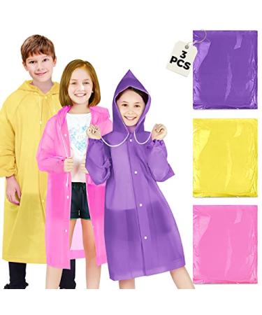 BFONS 3Pack Rain Ponchos for Kids Reusable 3 Colors EVA Raincoats for Boys Girls with Drawstring Hood and Sleeves Waterproof Rain Coats Perfect for Camping Hiking & Travel Outdoor Accessories