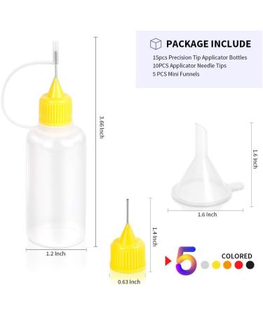 YGDZ 15pcs Precision Tip Applicator Bottles - 30ml, 5 Colors Needle Fine Tip Squeeze Glue Applicator Bottles with 10pcs Needle Tips and 5pcs Mini Funnel - Ideal for Quilling, Crafts, Paint, and Ink - Buy Online on GoSupps.com