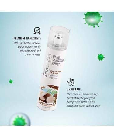 Instyle ActivEssence Caribbean Coconut Hand Sanitizer Spray - 8 Fl Oz | Kills 99.99% Of Germs | Fast Drying | With Aloe | Non Greasy | CLEAN Vegan Paraben Free Phthalate Free - Buy Online on GoSupps.com