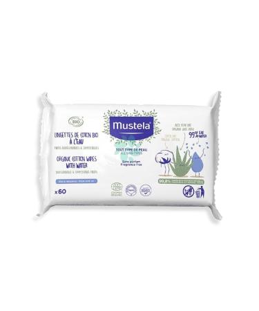 Mustela Baby Water Wipes with Organic Cotton & Aloe Vera - For Face & Body - Fragrance Free - Made with Compostable, Plastic Free & Biodegradable Fibers - NEA Approved & EWG Verified - 60 ct.