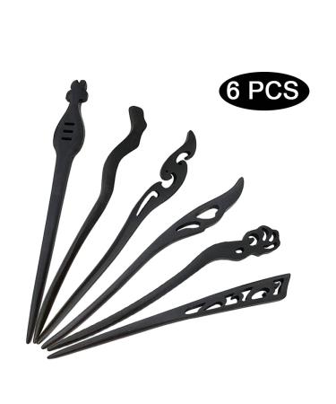 Vintage Chinese Hairpins Set - 6 Wooden Hair Clips & Sticks for Women and Girls - Elegant Black Hair Accessories - Buy Online on GoSupps.com