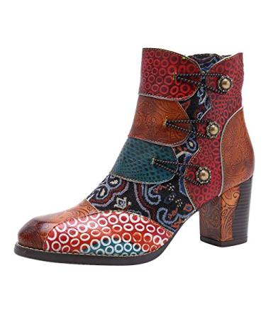 Ankle Bootie for Women, SOMESHIEN Leather Boots Vintage Fashion Short Boots Side Zipper Floral Pattern Brown 8.5