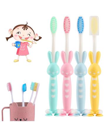 4 Cartoon bunny children's toothbrushes portable toothbrush soft children's toothbrushes with soft bristle brushes can be used for sensitive gums four colors (yellow blue pink green)