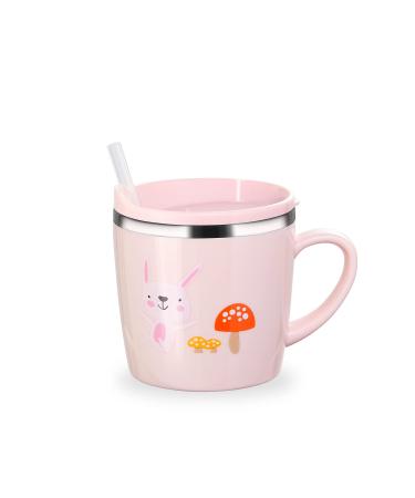 Valueder Kids Baby Toddler Cups Mug Sippy Learning Trainer Cup for Milk Coffee Hot Chocolate Stainless Steel Trainer Straw Cup with Lid  Rabbit  7oz/Peacock pink Pink-Rabbit