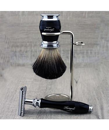 Men's Black Shaving Kit - Badger Hair Brush Safety Razor & Stainless Steel Stand | Premium Grooming Set - Buy Online on GoSupps.com
