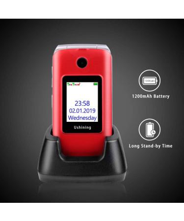 USHINING Senior Big Button Flip Phone | Dual SIM Unlocked | 2.8 Large Screen | SOS Button | FM Radio | Torch | Charging Cradle - Red - Buy Online on GoSupps.com