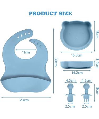 Vicloon Baby Weaning Set - 4 Pcs Silicone Feeding Set | BPA Free Suction Plate, Bib, Spoon, and Fork | Toddlers and Kids Plates | Blue Bear Sucker | Gift for Kids - Buy Online on GoSupps.com