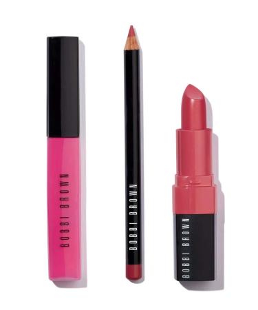 Bobbi Brown Pink Lip Color Trio: Pink Lily Lip Gloss + Rose Lip Pencil + Baby Crushed Lip Color + Travel Bag