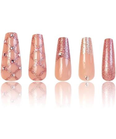 French Tip Press on Nails - Long Press On Nails with Nail Tips Pink sparkling Checkered False Nails press on nails Acrylic False Nails Cute Artificial Nails - Buy Online on GoSupps.com