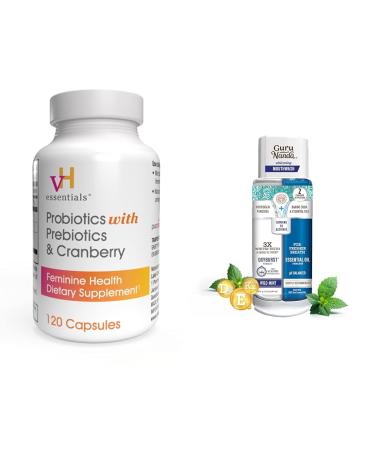 vH essentials Probiotics with Prebiotics and Cranberry Feminine Health Supplement - 120 Capsules (544-36) & GuruNanda Dual Barrel Oxyburst Whitening Mouthwash - 20 Fl Oz Bundle