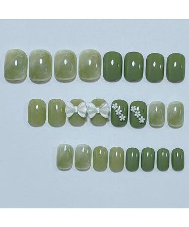24pcs Press On Nails Medium False Nail Natural Fake Nail with Nail Glue and Adhesive Taps Faux Ongles Squared Green 3D Bowknot Flowers - Buy Online on GoSupps.com