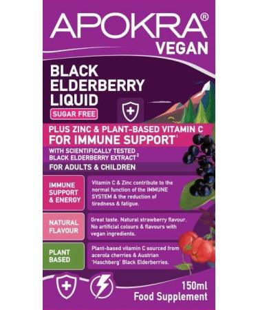 Elderberry Syrup Sugar Free Plus Natural Vitamin C and Zinc | Big Bottle 150ml | Acerola Cherry Vitamin C | For Adults & Kids | Immune System Booster | Natural Strawberry Flavour | Vegan APOKRA