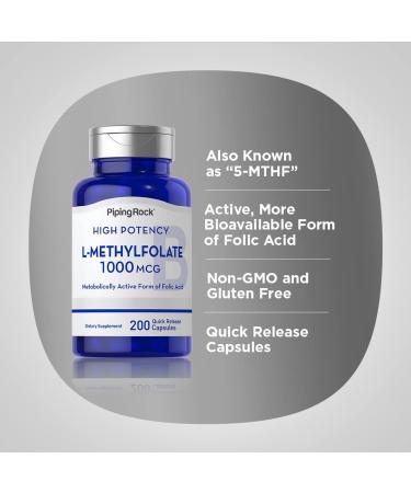 Piping Rock L Methylfolate Supplement | 1000 mcg | 200 Capsules | Active Form of Folic Acid | Non-GMO Gluten Free - Buy Online on GoSupps.com