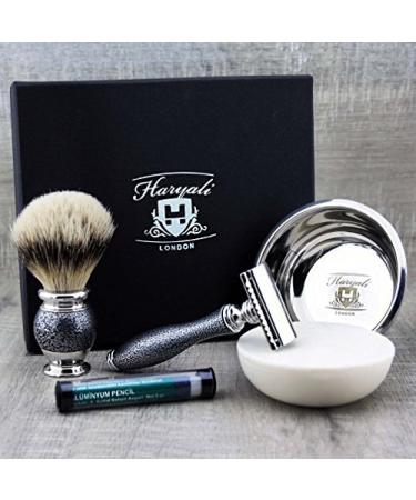 Premium Classic Men's Shaving Set ft Top Grade Silver Tip Brush DE Safety (Blades NOT included) Engraved Bowl & Soap