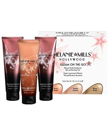 Melanie Mills Hollywood Glow Girl Kit Gleam Face and Body Radiance Moisturizing Body Makeup - Includes Opalescence  Peach Deluxe  Disco Gold  Mini 1 fl.oz. Each