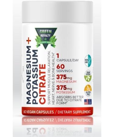 Magnesium Citrate + Potassium 60 Premium Vegan Capsules(Citrate 375 mg) + (375mg Potassium) Non GMO Gluten Free - High Absorption Supplement Made in USA - Buy Online on GoSupps.com