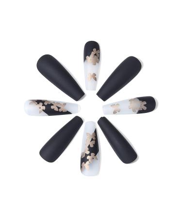 Brishow Black Long Artificial Nails with Gold Butterfly - 24 Ballerina Press-On Acrylic Nails for Women & Girls - Buy Online on GoSupps.com