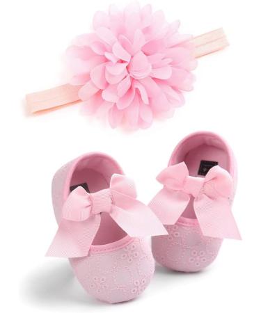 Baby Girls First Walking Shoes | Mary Jane Flats with Bow-Knot and Headband | Anti-Slip Soft-Soled Princess Shoes | 6-12 Months Pink - Buy Online on GoSupps.com