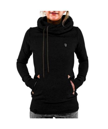 Bigfanshu Women's Scarf Collar Hoodies Long Sleeved Pullovers Solid Casual Gray Hooded Sweatshirt Female Tops