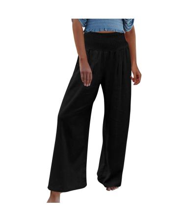 Gufesf Women's Casual Cotton Linen Palazzo Pants Wide Leg Long Trousers with Pockets Loose Floral Beach Pants for Women A1-black Large