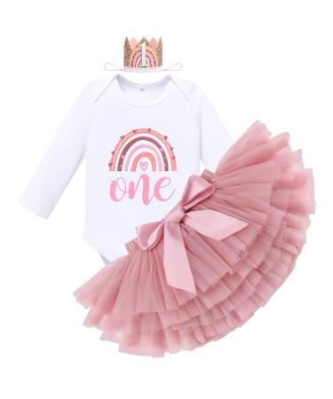 FYMNSI Boho Rainbow First Birthday Outfit for Baby Girl Cake Smash Photo Shooting Romper Tutu Skirt Headwear 3pcs Set 1 Year Dusty Pink Long Sleeve One