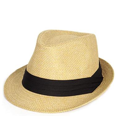 FADACHY Summer Straw Fedora Hat Short Brim Panama Sun Hat Trilby Beach Hat for Men & Women Medium A-khaki-01