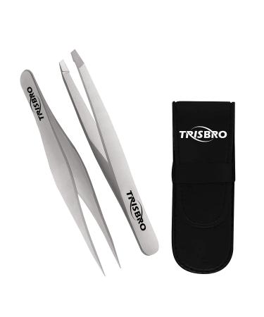 Professional Tweezers Set of 2 - Stainless Steel Professional Tweezers Kit Slant Tip and Pointed Tweezers - Tweezers for Eyebrows - Tweezers for Ingrown Facial Hair Splinter Blackhead Removal (Silver)