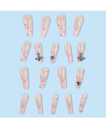 French Tip Press on Nails - Long Square Press On Nails with Nail Tips Love Heart crystal powder rhinestone Planet pattern Design Glossy white press on nails Acrylic False Nails Cute Artificial Nails - Buy Online on GoSupps.com