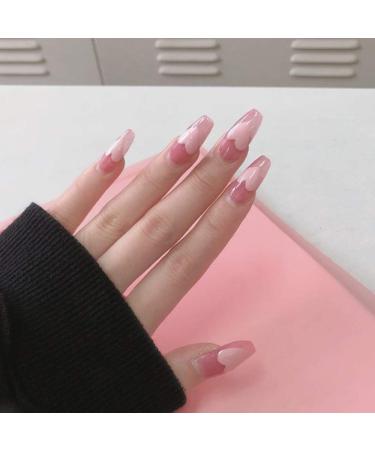 Xerling Fancy Glossy Full Cover Soft Pink Heart Coffin Acrylic Fake Nails Tips Cute for Women and Girls Baby Pink Party Salon Press on Acrylic False Nails with Design 24Pcs