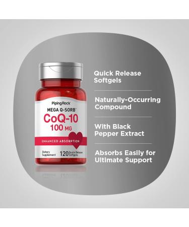 Piping Rock CoQ10 100mg - 120 Softgels with Black Pepper Extract | Non-GMO & Gluten-Free Supplement for Heart Health - Buy Online on GoSupps.com