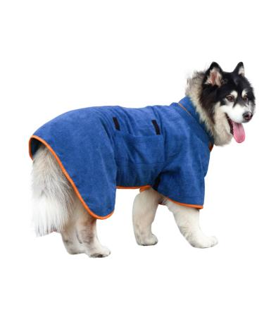 Dog Drying Coat Bathrobe Towel, Microfibre Material Fast Drying Super Absorbent Dog Bath Robe, Pet Quick Drying Moisture Absorbing with Adjustable Collar and Waist Xlarge: back length 29.5" Blue
