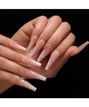 Sethexy Long Sparkle Ballerina False Nails | Nude Pink Bling Crystal Coffin | 24 St Acrylic Art Nail Tips for Women & Girls - Buy Online on GoSupps.com