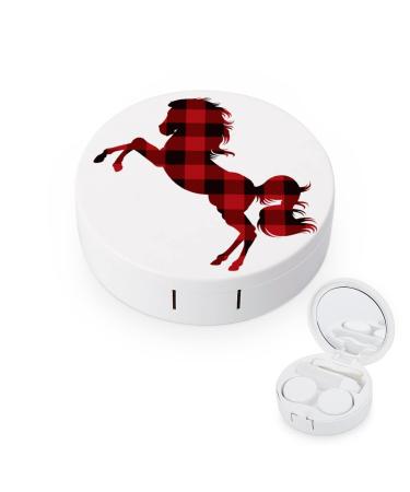 Buffalo Plaid Horse Round Case For Contact Lens Kit Storage Box with Mirror Printed
