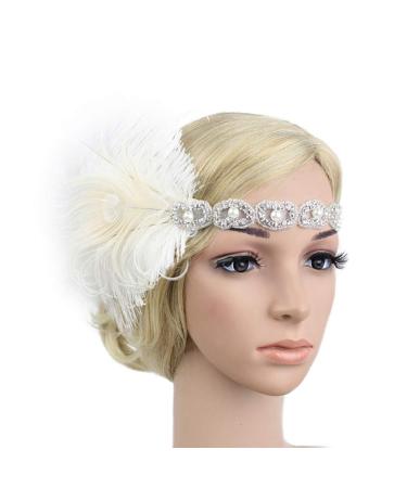 FRCOLOR Flapper Headband 1920s Gatsby Headdress Feathers Crystal Beaded Wedding Headpiece Elastic Headwear White
